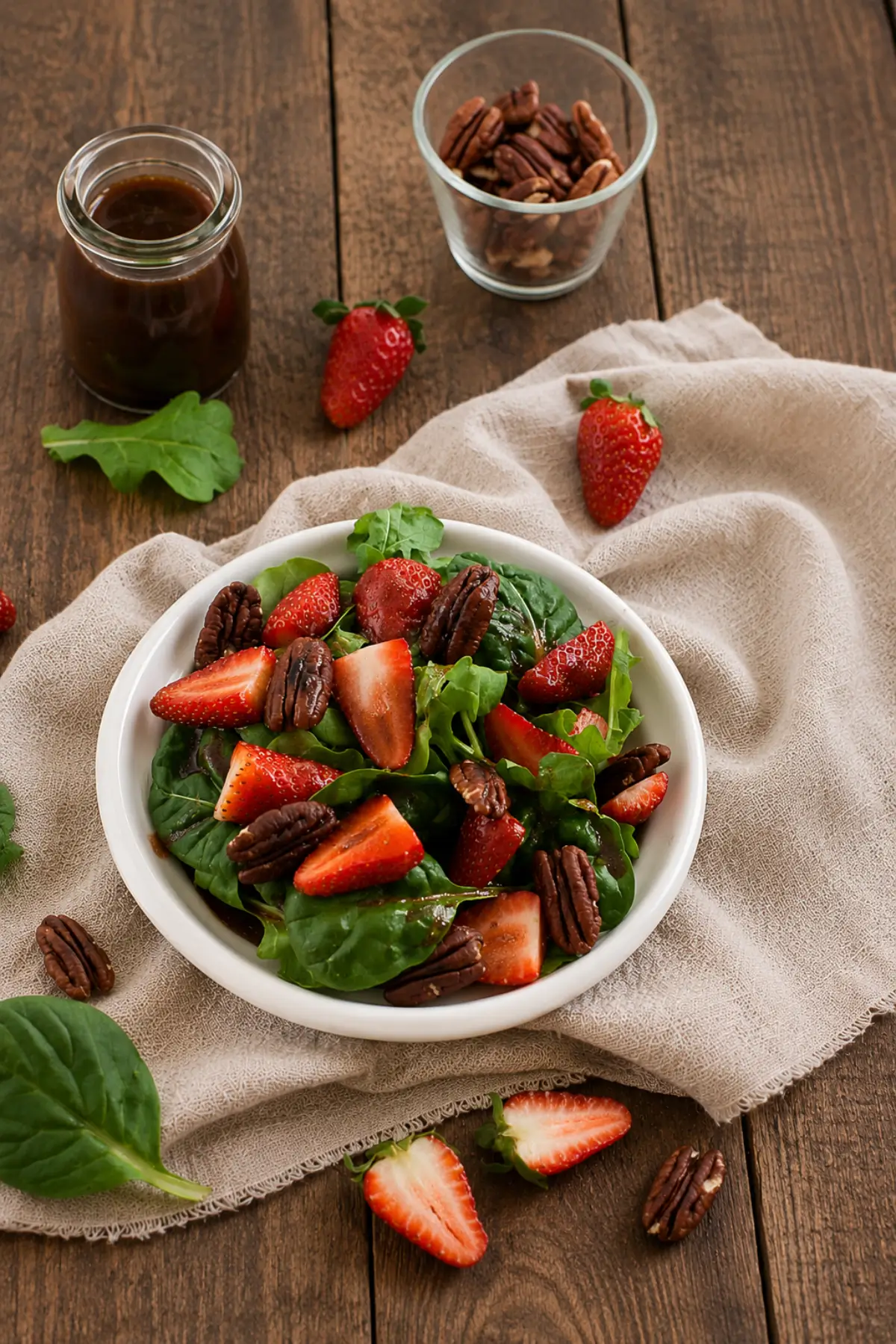 A bowl of baby spinach and rocket salad topped with sliced strawberries, toasted pecans and strawberry vinaigrette