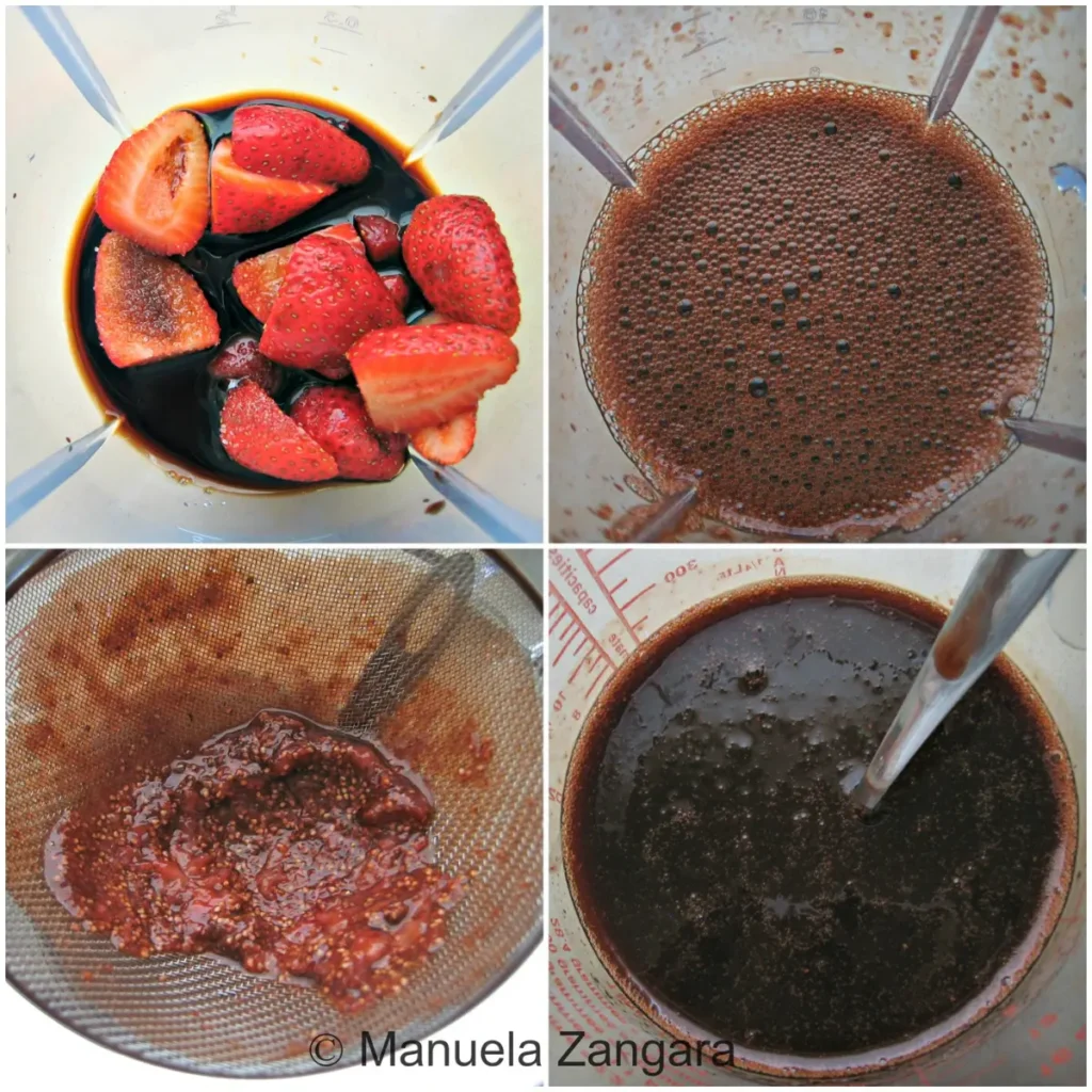 Process collage showing blended strawberries and strained strawberry vinegar.