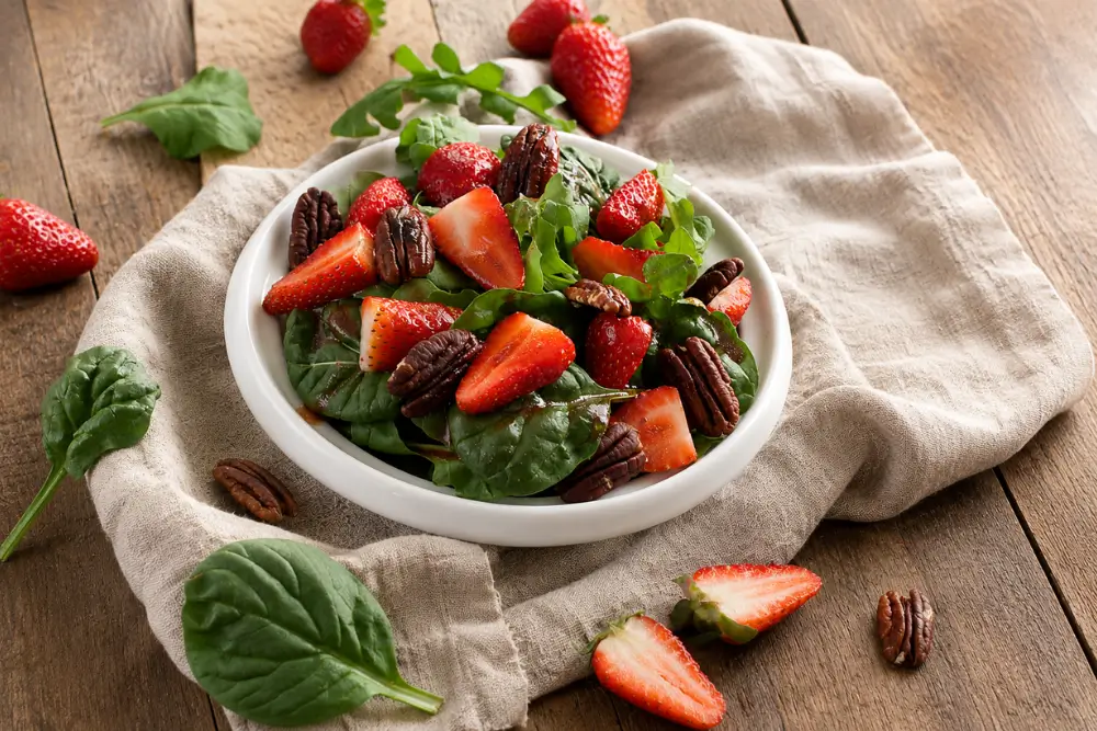 A bowl of strawberry salad with baby spinach, rocket, toasted pecans and homemade strawberry vinaigrette served on a linen cloth.