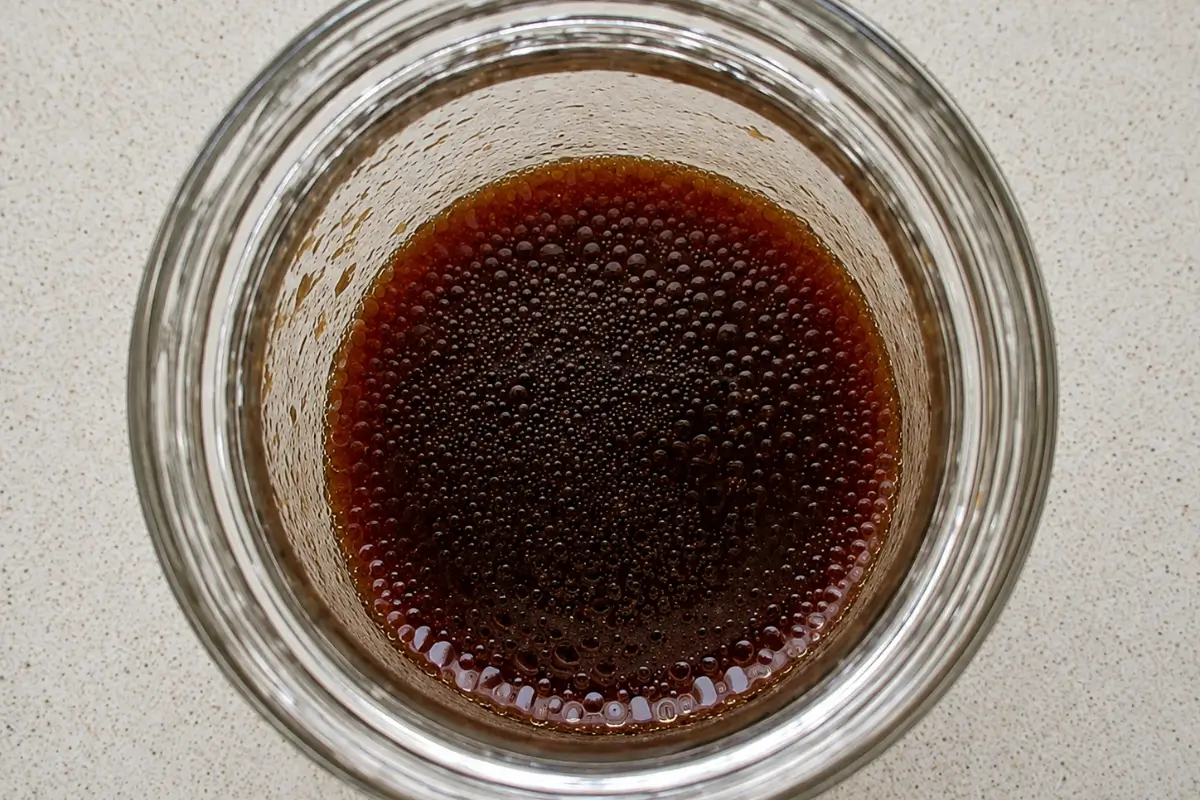 Overhead view of homemade strawberry vinaigrette in a glass jar before being poured over the salad.