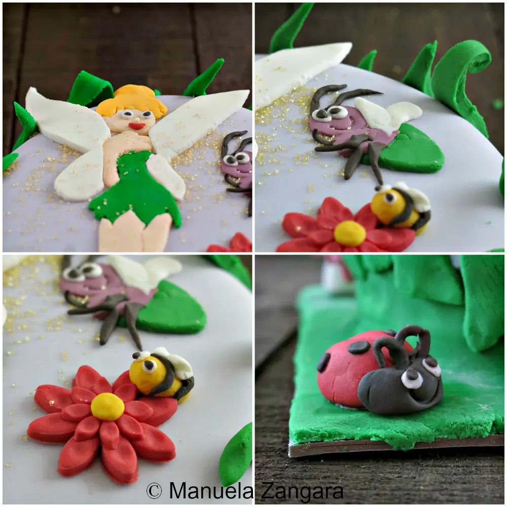 Close-up collage showing Tinkerbell, Blaze, the bee and fondant flower details.