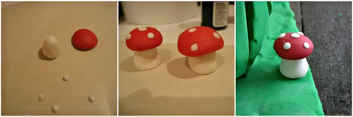 Small fondant mushrooms being shaped with red tops and white spots.
