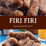 A stack of sugared Firi Firi on a white plate with coconut and juice in the background.