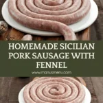 Homemade Sicilian Pork Sausage with Fennel coiled on a wooden board.