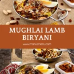 Indian biryani topped with nuts, raisins, and fried onions on a rustic table.