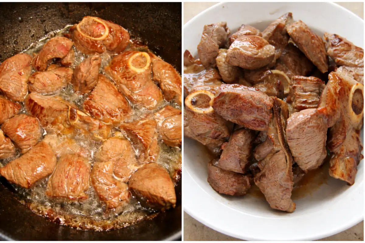Lamb pieces being browned in hot oil, then set aside after searing.