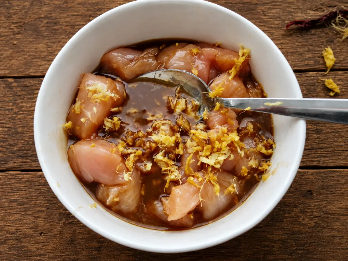 Raw chicken pieces in a soy sauce, honey, and grated ginger marinade in a white bowl.