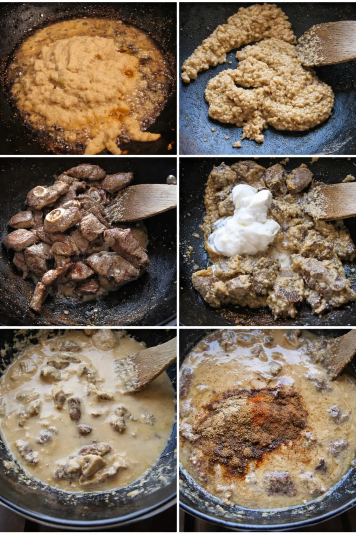 Lamb being cooked with yoghurt and ground spices forming a rich Mughlai curry base.