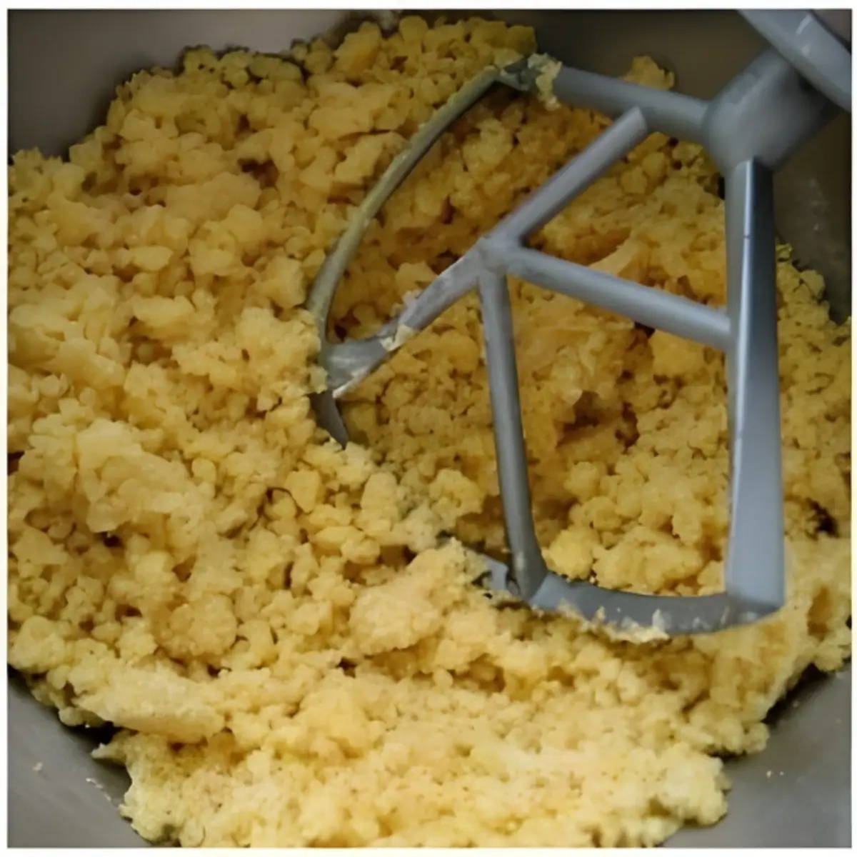 Crumbly tart dough mixing under a paddle attachment.