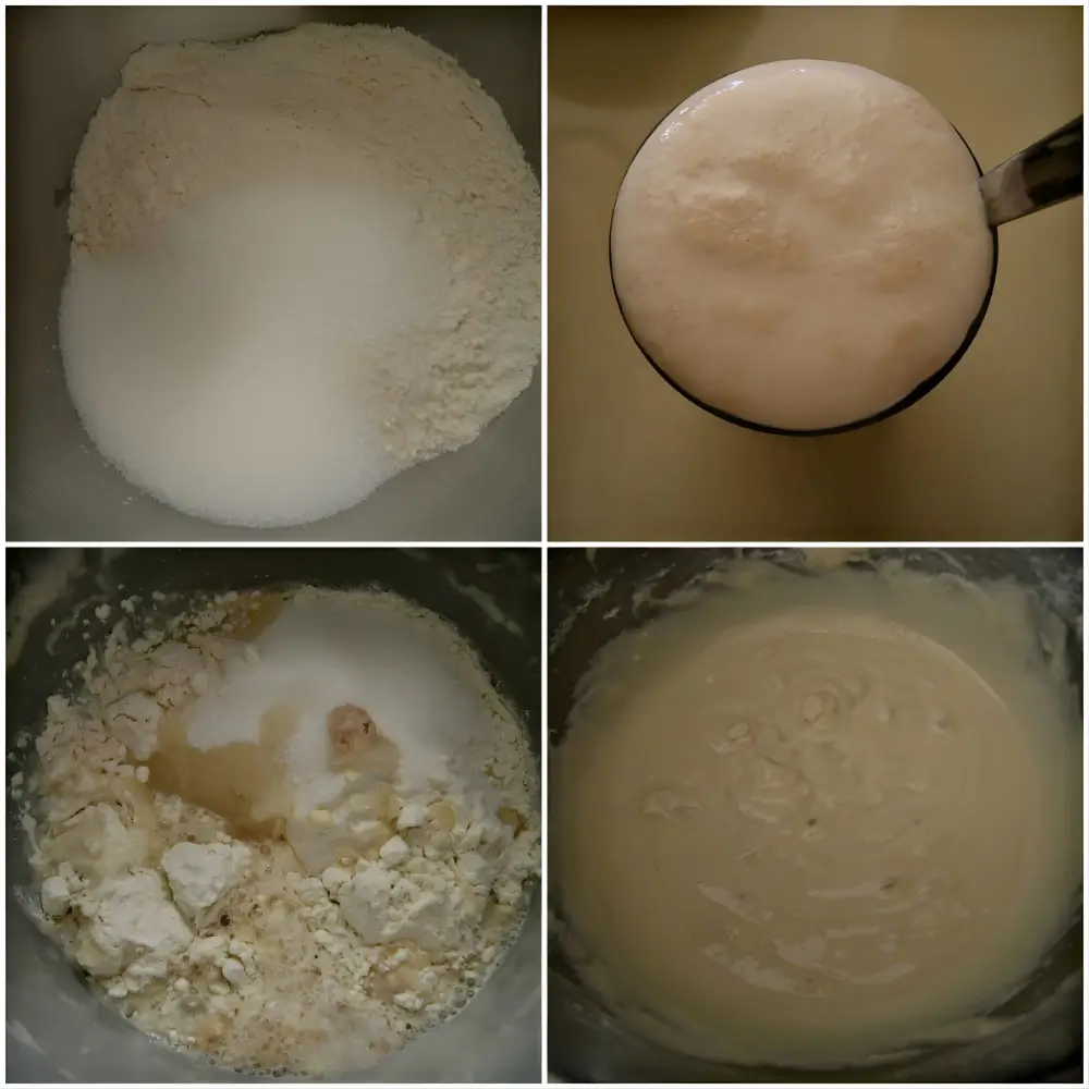 A collage showing flour and sugar, frothy yeast, ingredients in a bowl, and smooth Firi Firi batter.