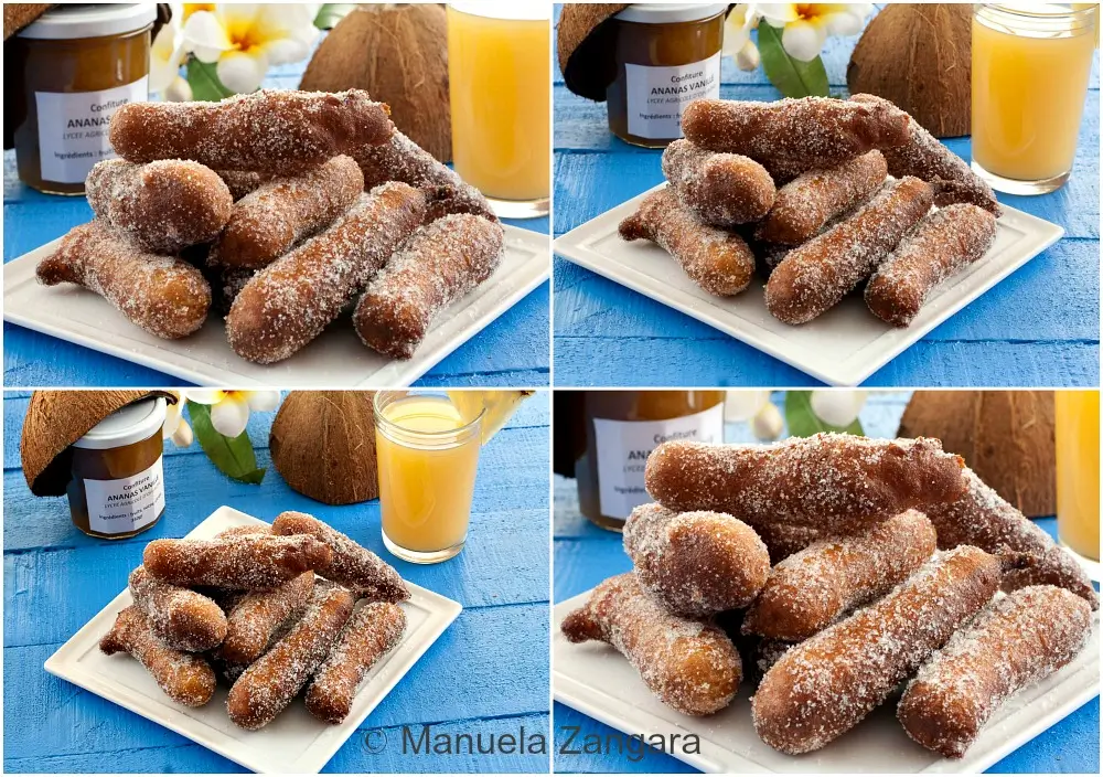 A collage of plated Firi Firi arranged with coconut, pineapple juice.