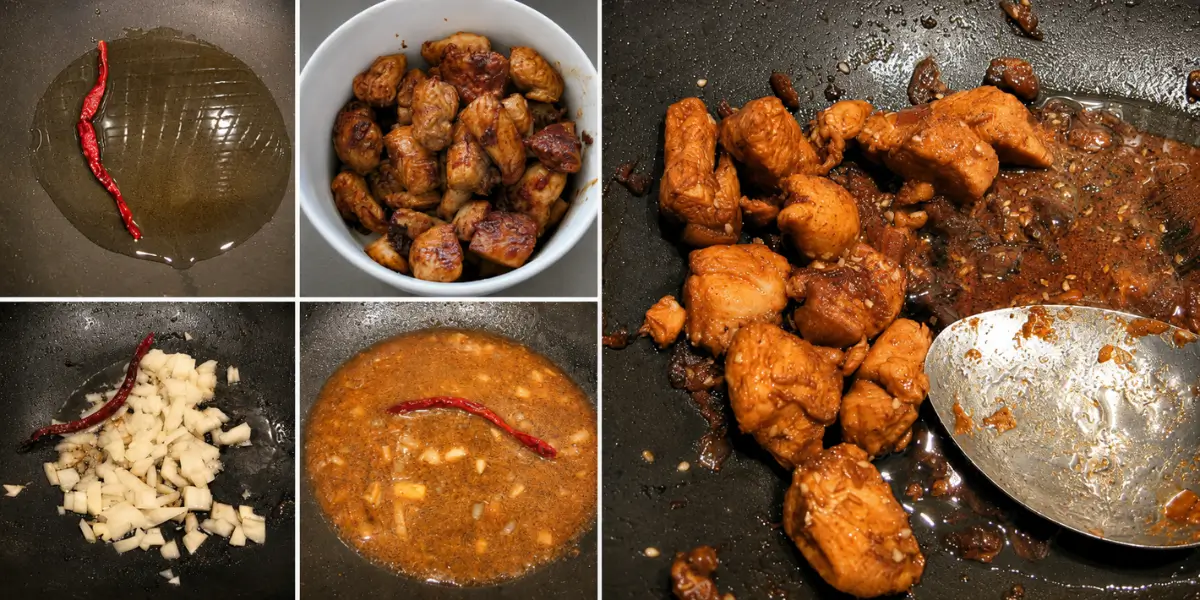 Chicken pieces cooked in a ginger, honey, and soy sauce mixture with onions, sesame seeds, and dried red chilli in a wok.