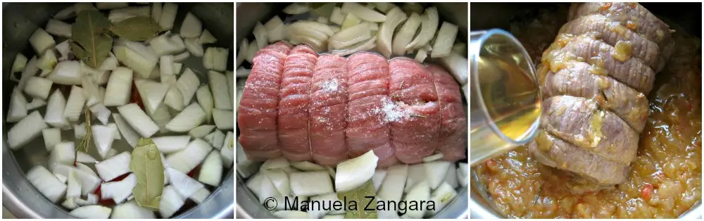Onions simmering in a pot with bay leaves as part of the cooking process.