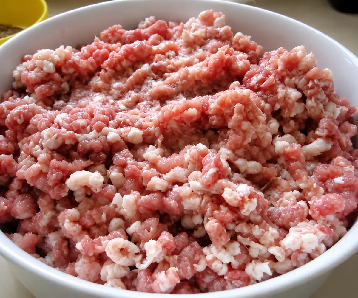 Ground pork and pork fat prepared for Homemade Sicilian Pork Sausage with Fennel.