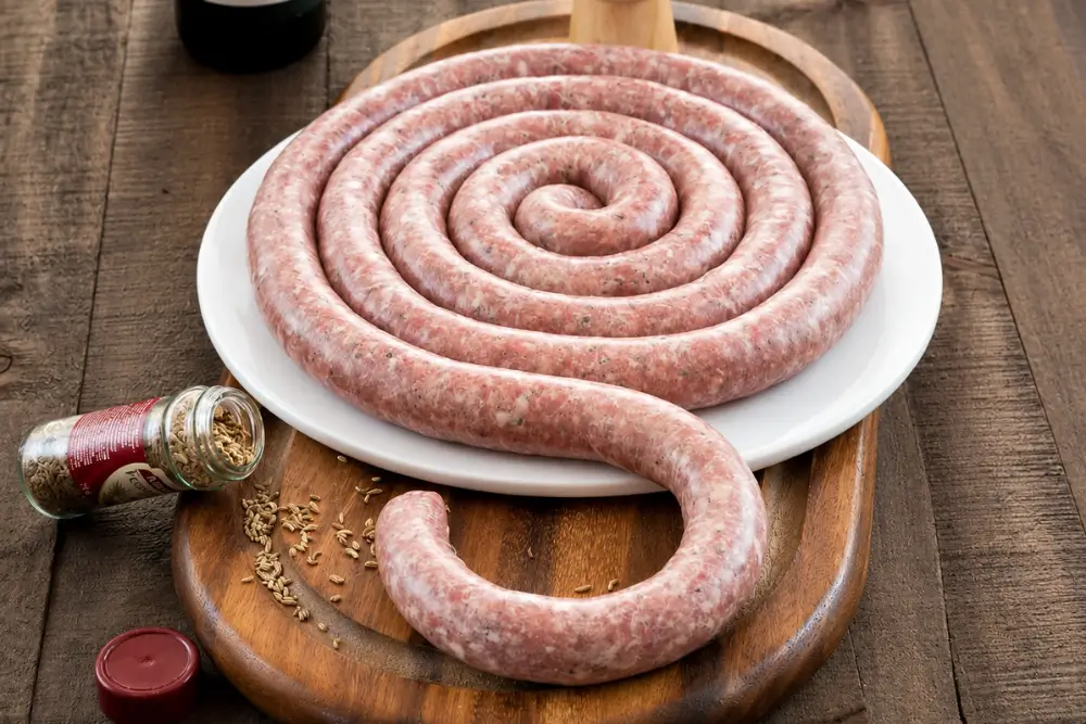 Homemade Sicilian Pork Sausage with Fennel coiled on a white plate.