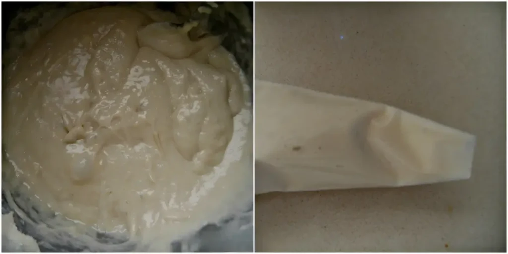 Smooth Firi Firi batter in a bowl beside a piping bag filled with dough.