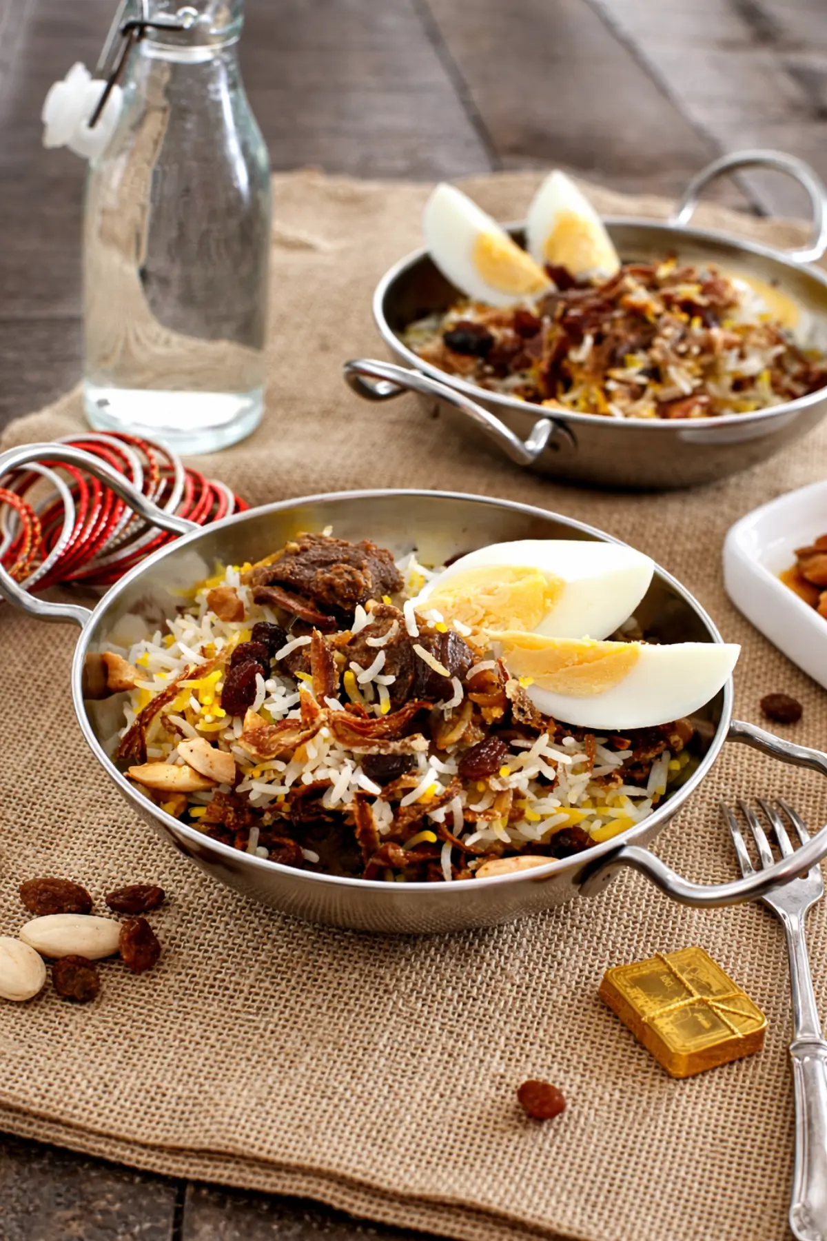 Close-up of lamb biryani with saffron rice, caramelised onions, and boiled eggs.