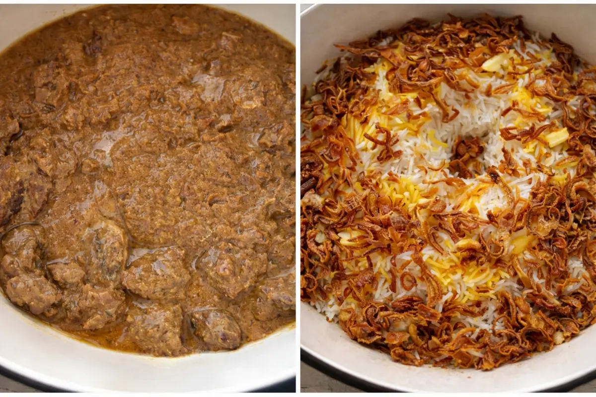 Cooked lamb curry alongside basmati rice layered with saffron and fried onions.
