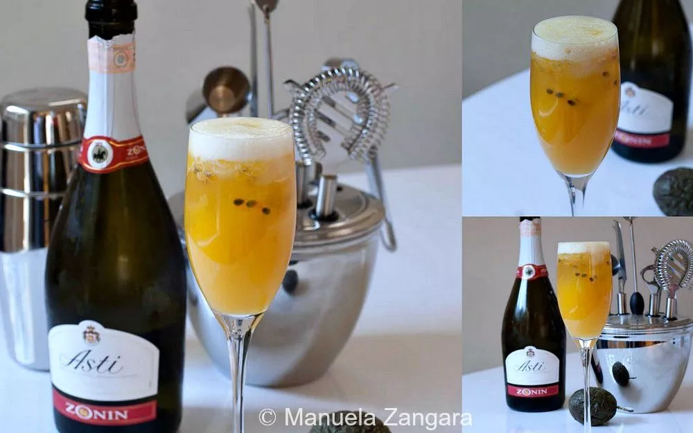 A collage showing a mango and passion fruit cocktail in a Champagne flute, paired with a bottle of Asti and bar tools in the background.