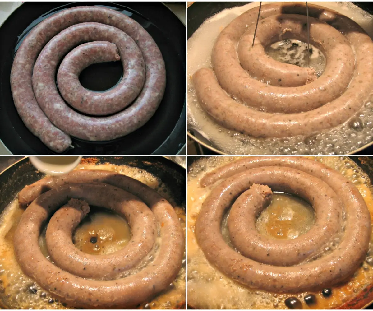 Sausage coil shown through the cooking stages: placed in the pan, simmered in water, pricked to release fat, then wine added before browning. (