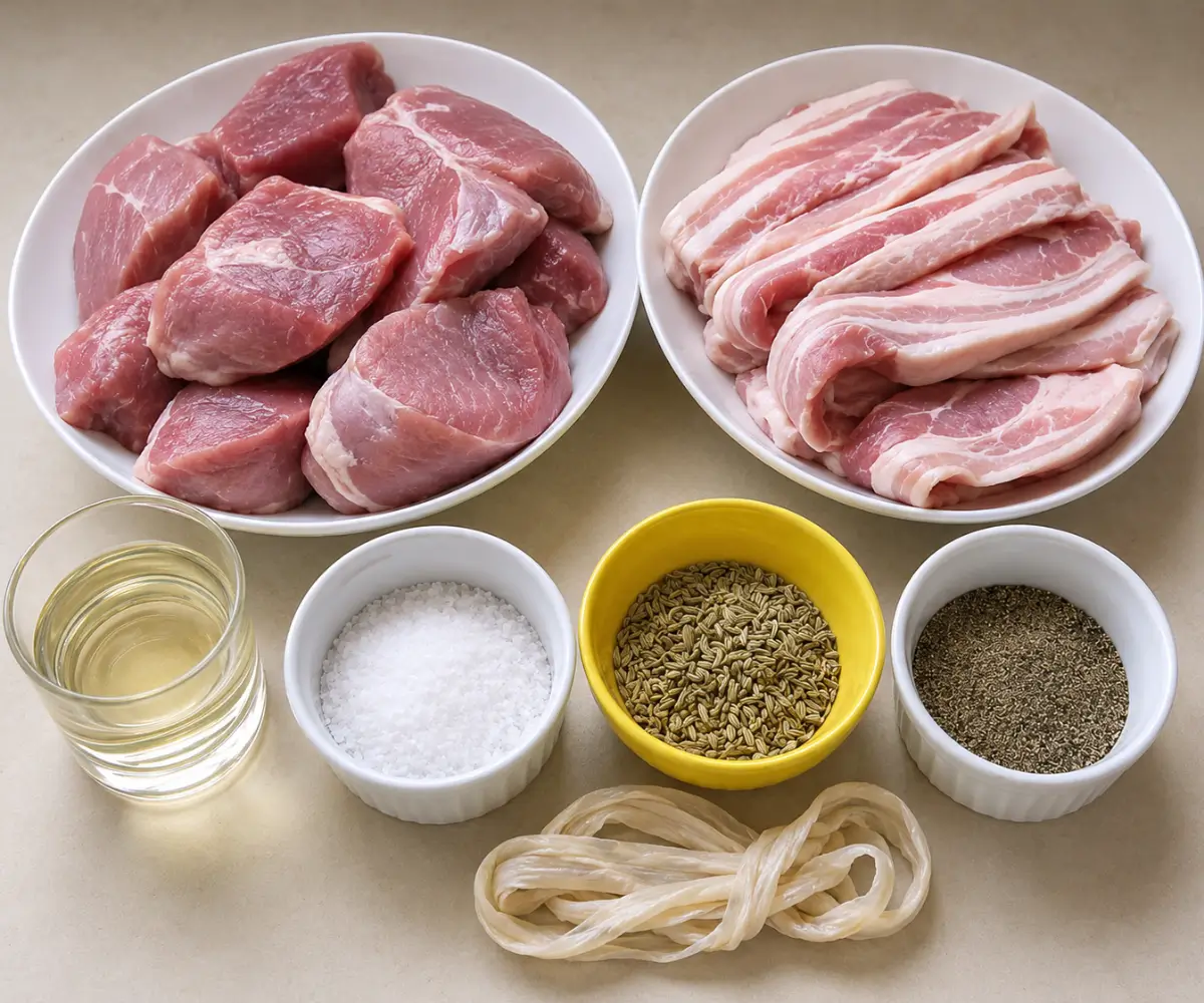 Pork scotch fillet, pork rashers, fennel seeds, wine, salt, pepper, and sausage casing arranged for homemade sausage.