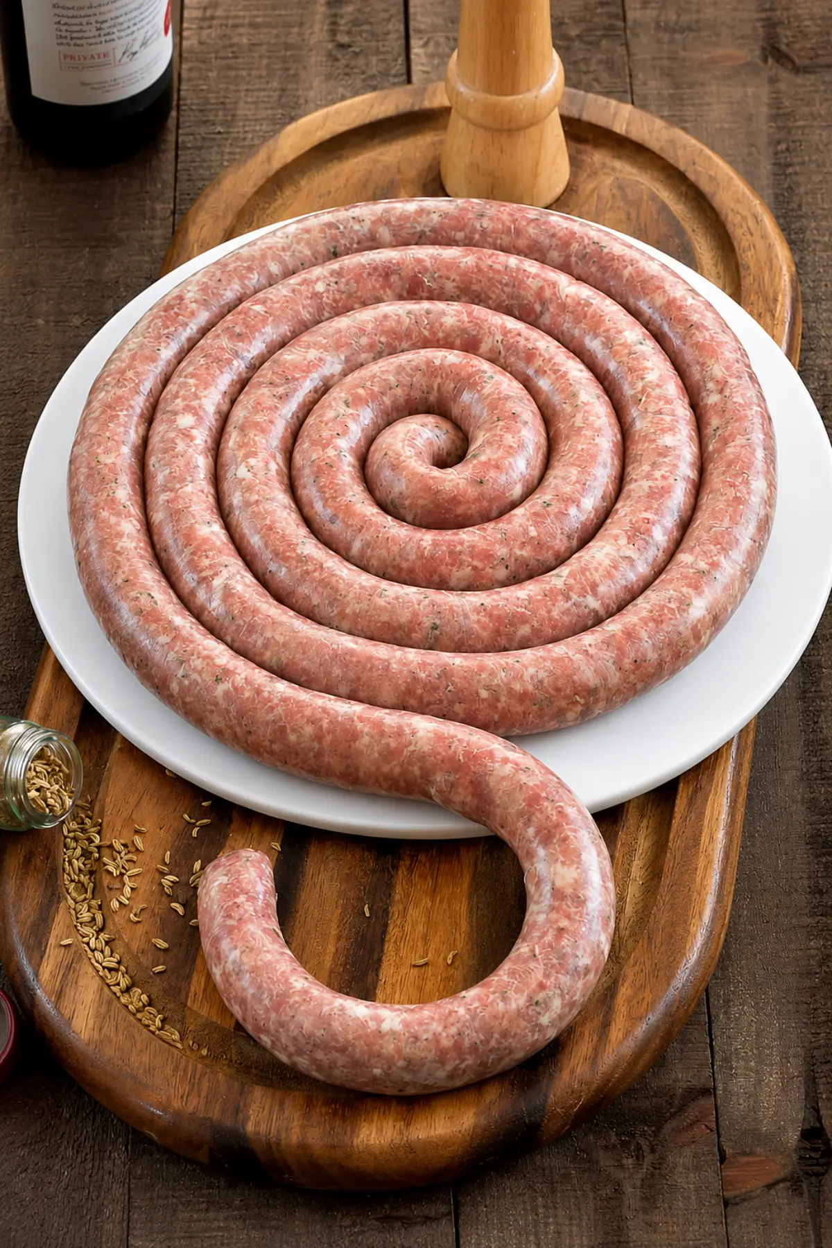 Raw Sicilian pork sausage with fennel on a wooden serving board.