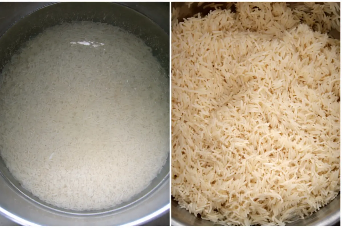 Basmati rice soaking in water and then partially cooked before layering.