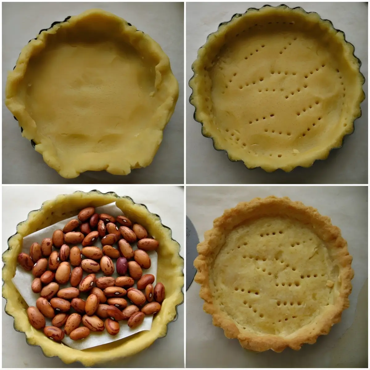 Collage showing dough in the tin, pricked dough, beans for blind baking, and a baked tart shell.