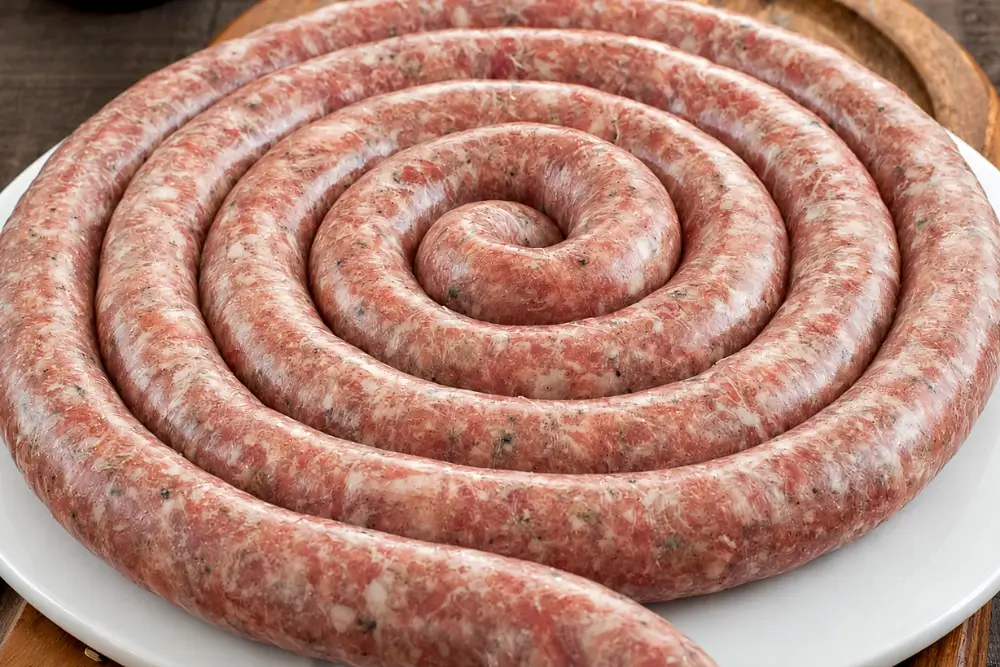Close-up of raw Sicilian fennel sausage coiled on a white plate.