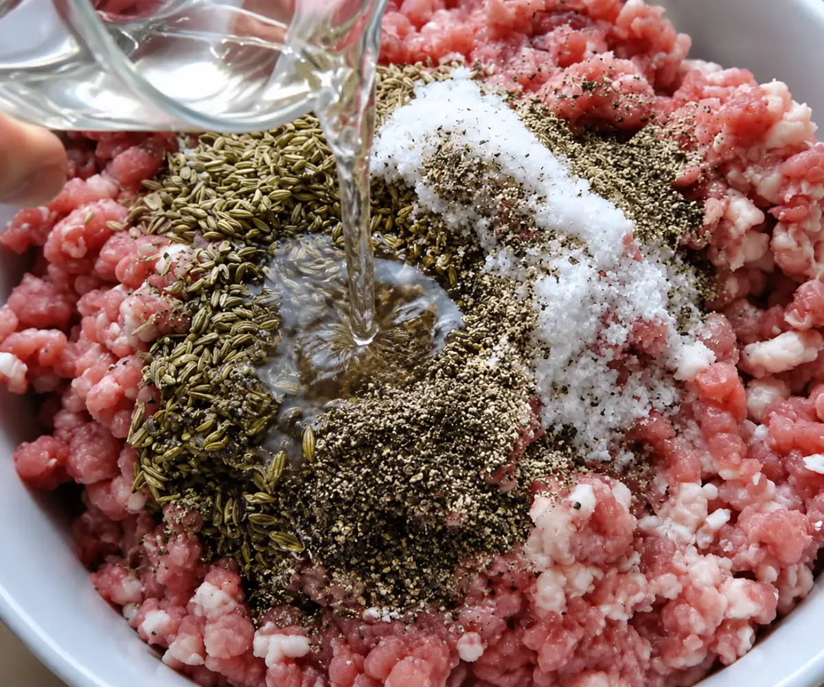 Wine being poured into ground pork with fennel seeds, salt, and black pepper.