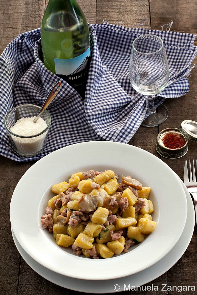Saffron Potato Gnocchi with Sausage and Porcini