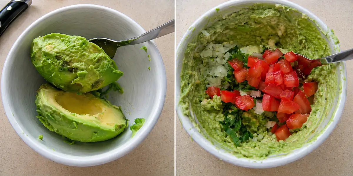 Collage showing halved avocado in a bowl and mashed avocado with chopped tomato, onion, and herbs being added for guacamole.