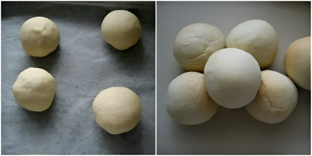 Unbaked dough balls on a tray and baked buns cooling.