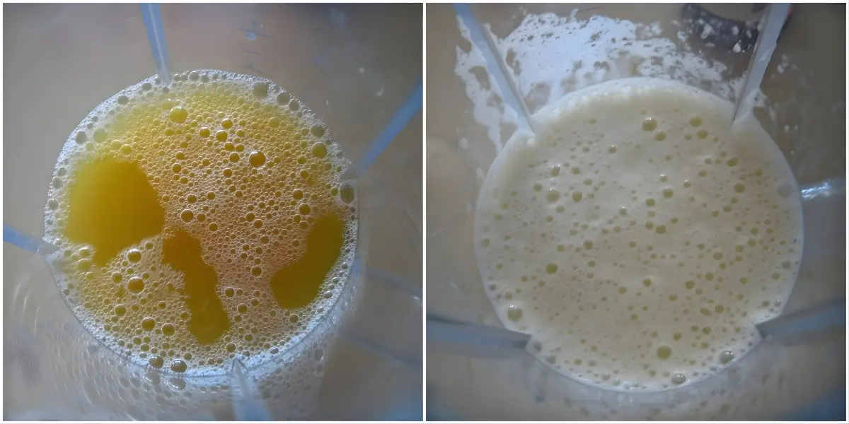 Pineapple juice in a blender before and after blending into a pale, creamy mix.