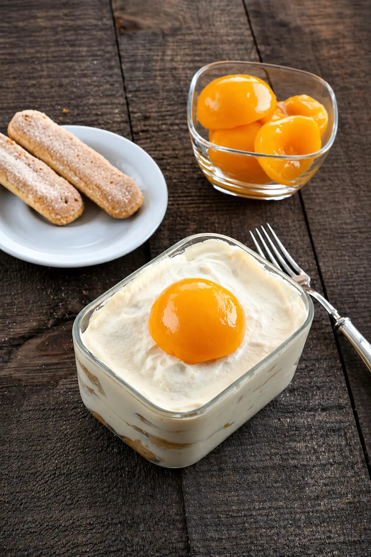 Creamy peach mascarpone dessert layered in a glass dish with peaches and savoiardi on the side.