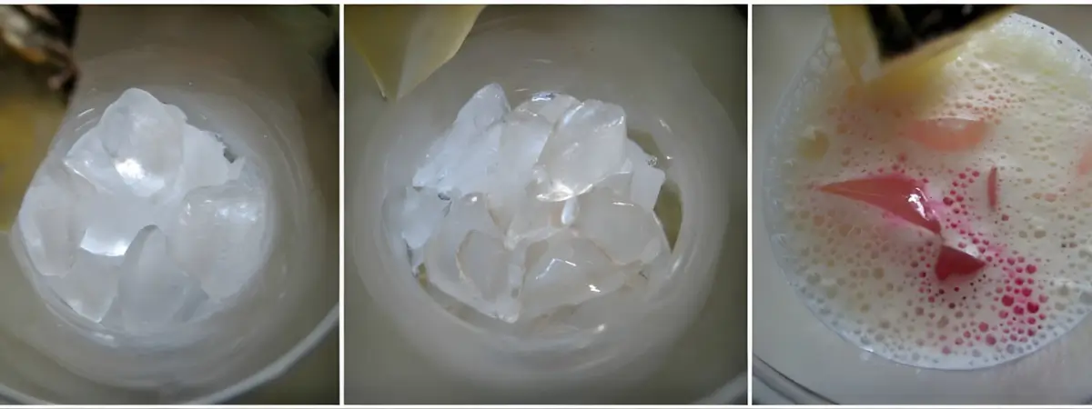 Ice-filled glass followed by pineapple mix being poured over the ice.