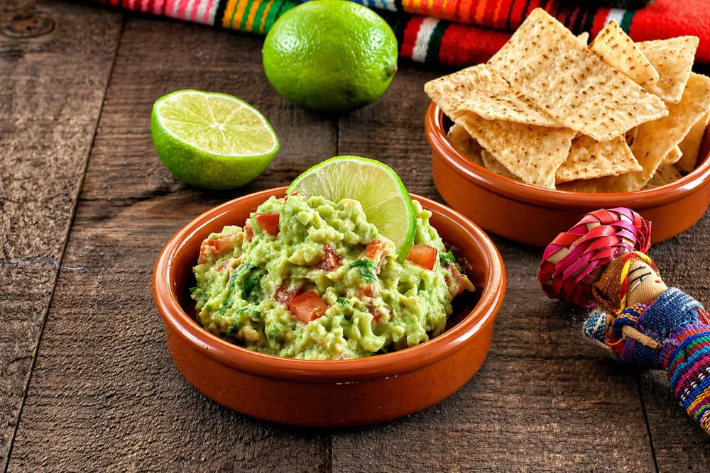 Fresh guac served in a bowl with tortilla chips and lime on the side.