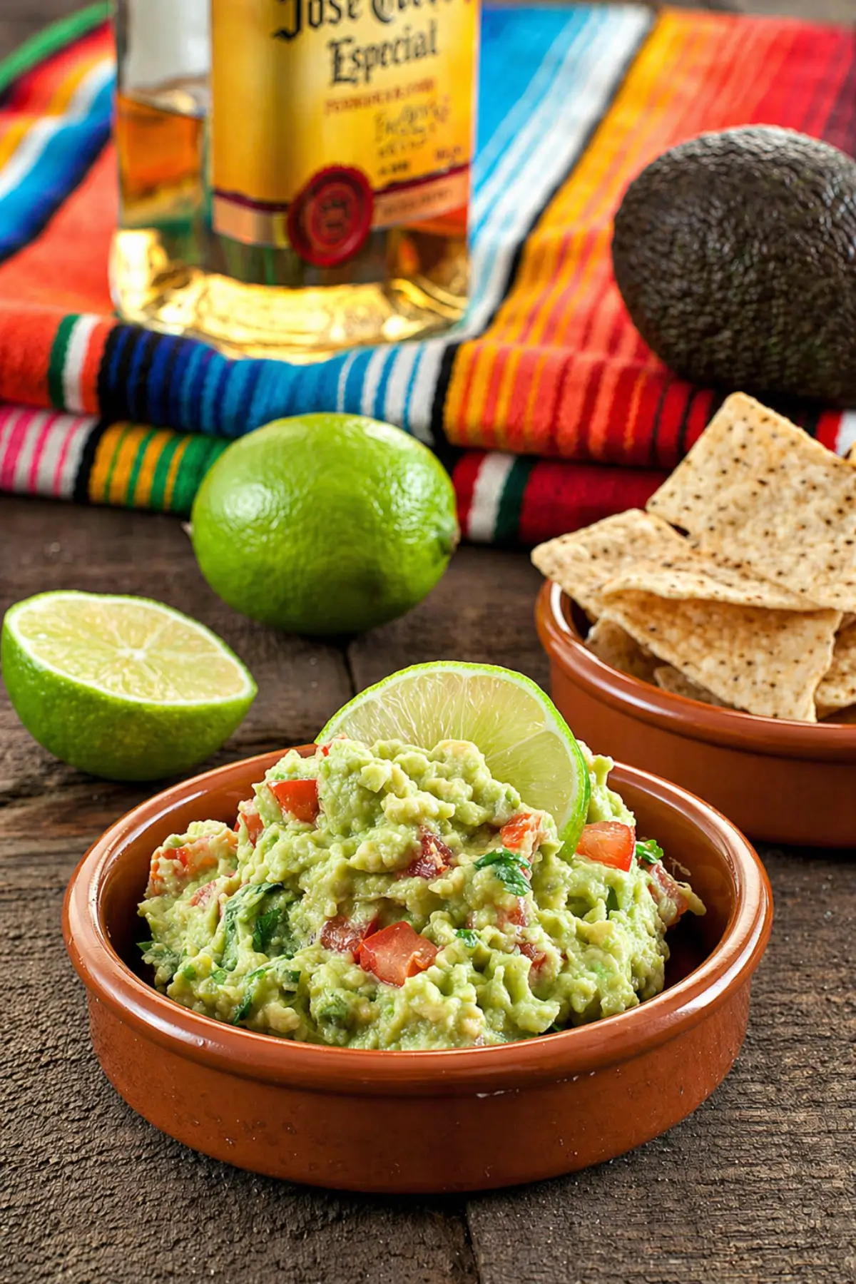 Homemade guacamole served in a bowl with lime wedges and tortilla chips on the side.