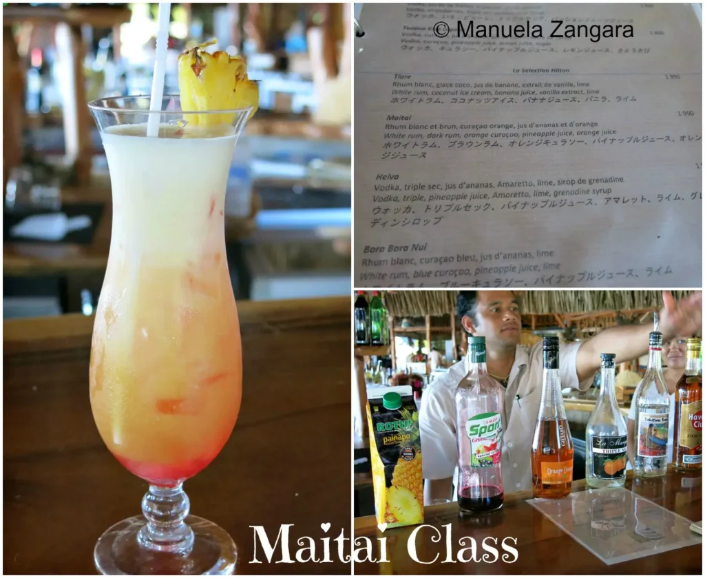 Mai Tai prepared during a bar class with bottles and ingredients displayed on the counter.