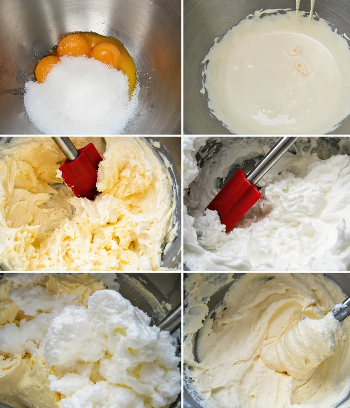 Egg yolks, mascarpone, and whipped egg whites mixed into a smooth mascarpone cream for Peach Tiramisù.