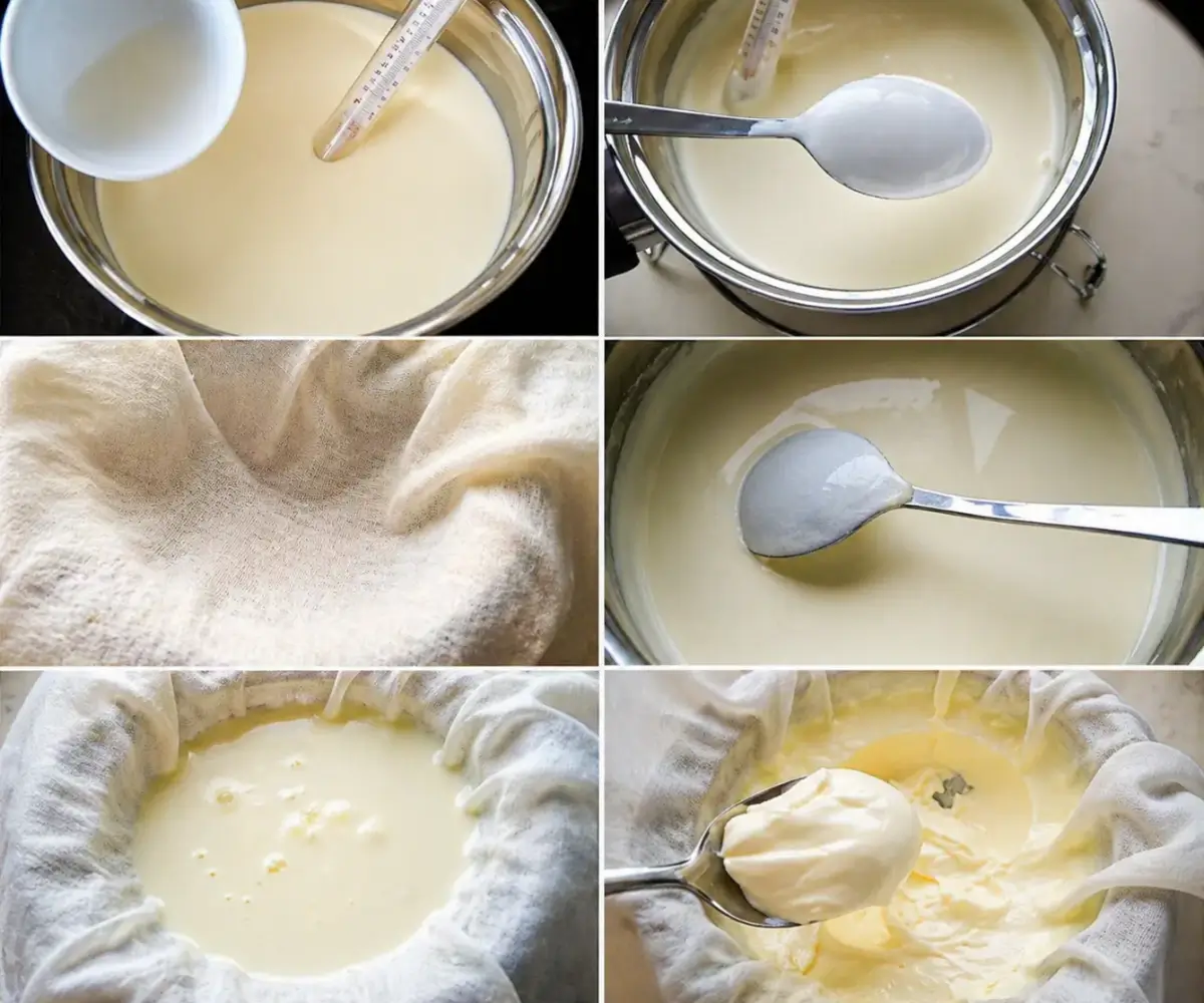 Cream thickening and draining through cheesecloth during the mascarpone cheese process.