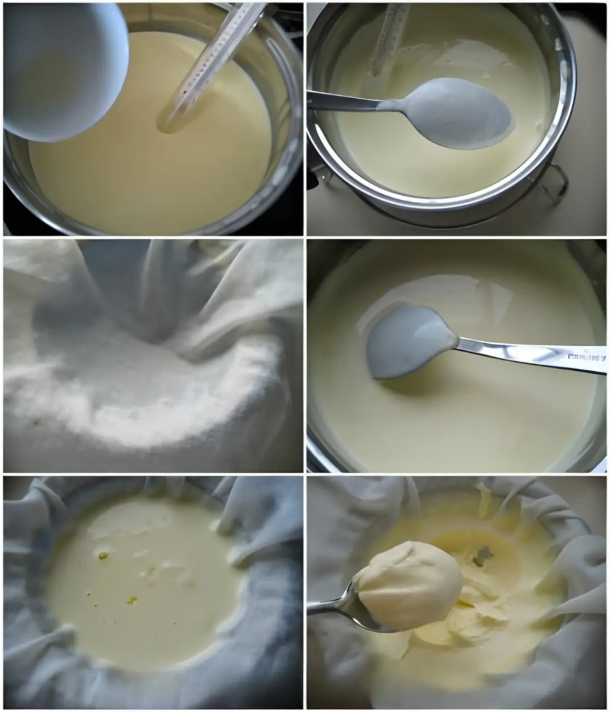 Mascarpone thickening and draining process from cream to finished cheese.