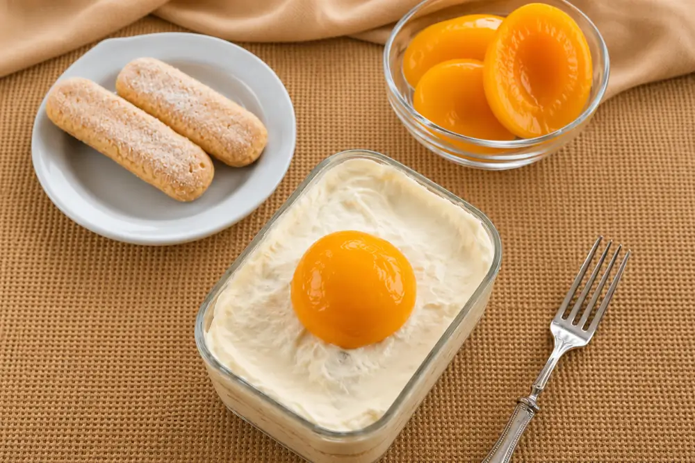 No-bake dessert layered with mascarpone cream and peaches, served with ladyfingers and canned peach halves.