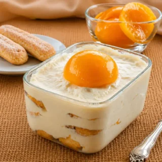 No-Bake Peach Tiramisu with Ladyfingers in a glass dish.