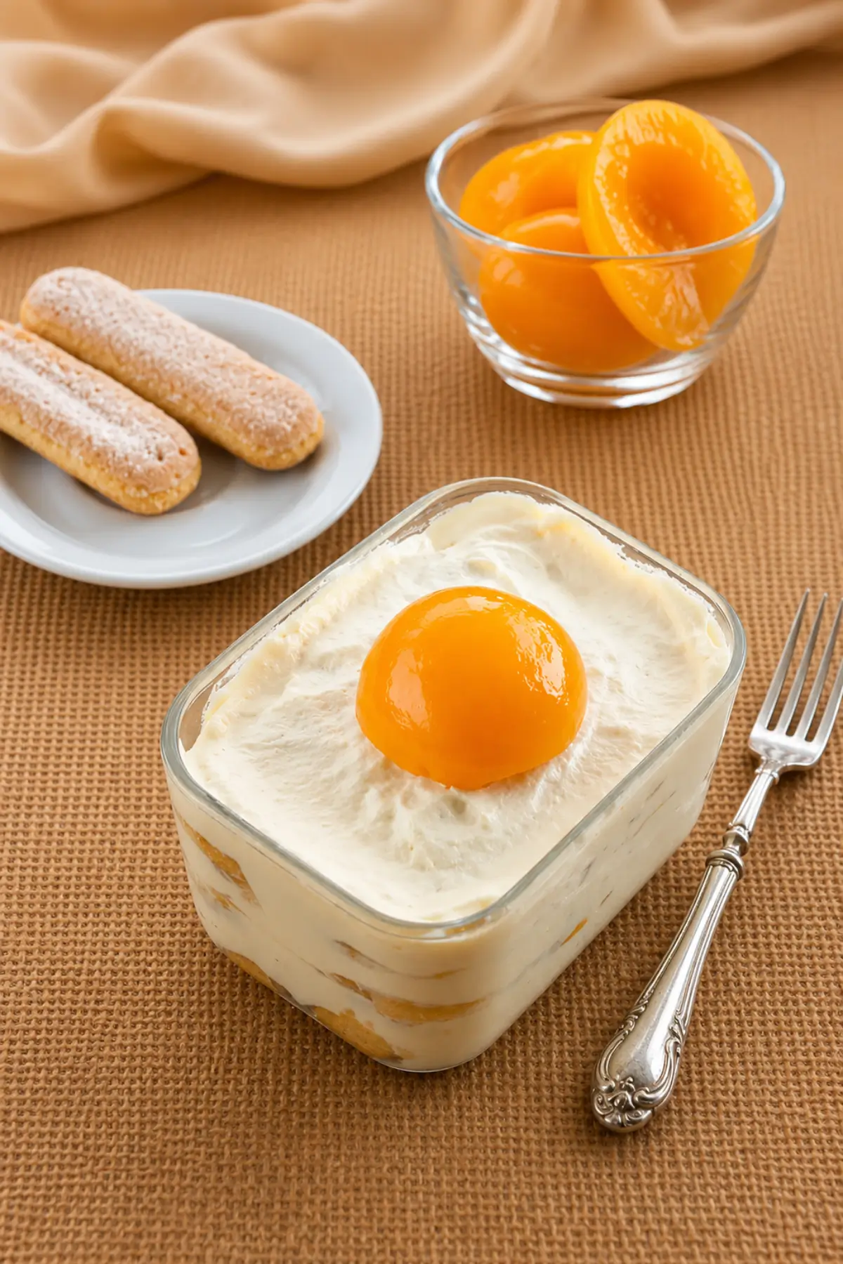 Glass dish of peach tiramisu with a glossy peach topping on a rustic burlap surface.