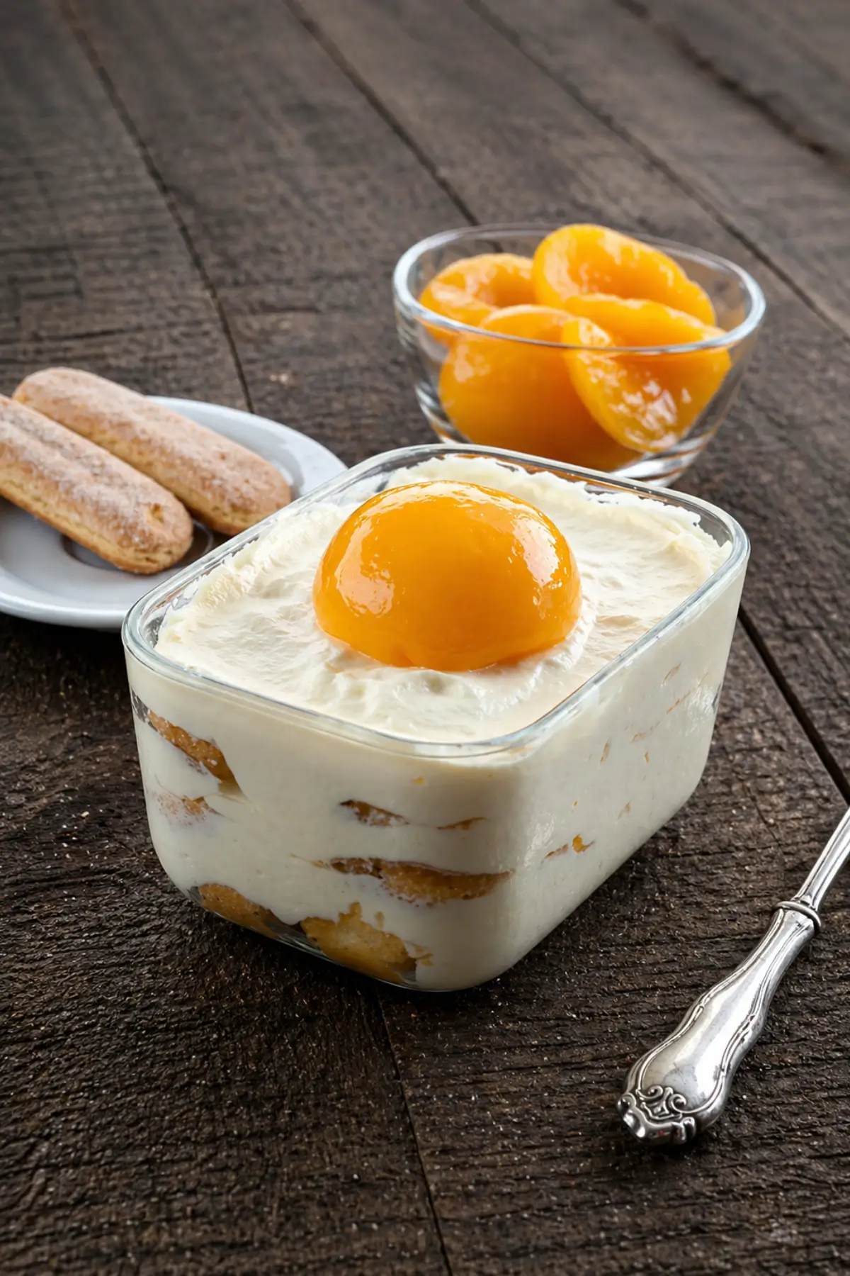 Peach Tiramisù layered with mascarpone cream and topped with a peach half.