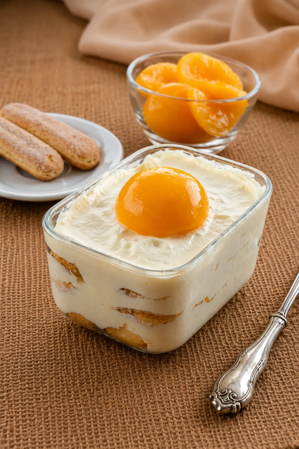 Peach Tiramisu topped with a peach half, served with ladyfingers and canned peaches.