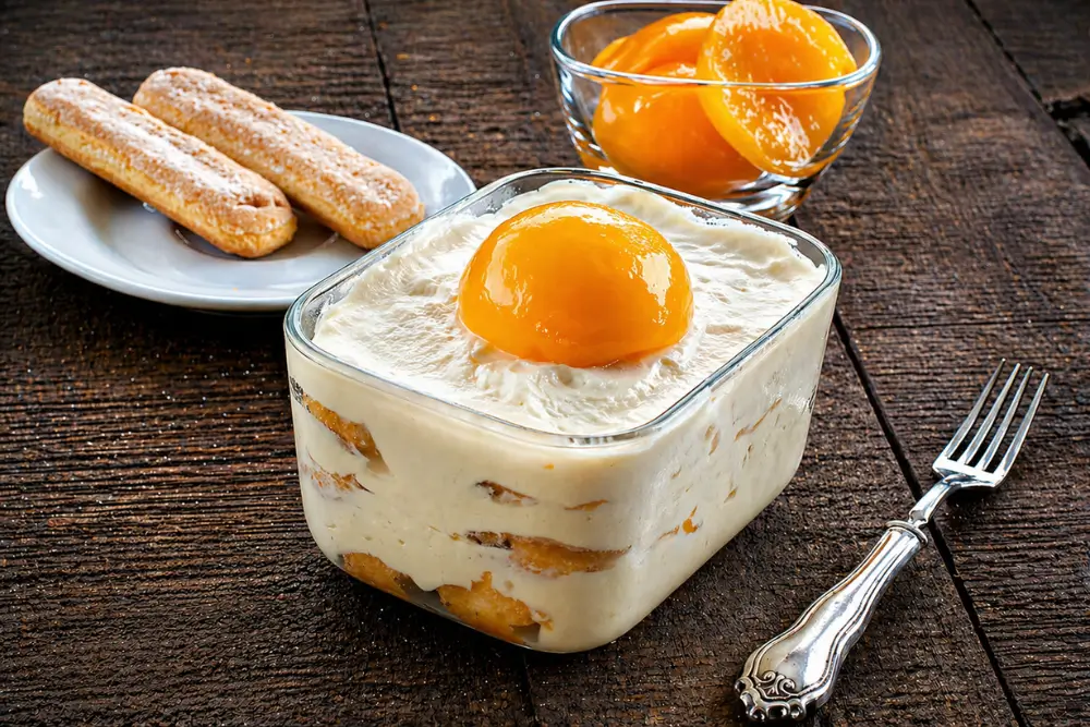 Peach Tiramisù topped with peach halves served with savoiardi and canned peaches.