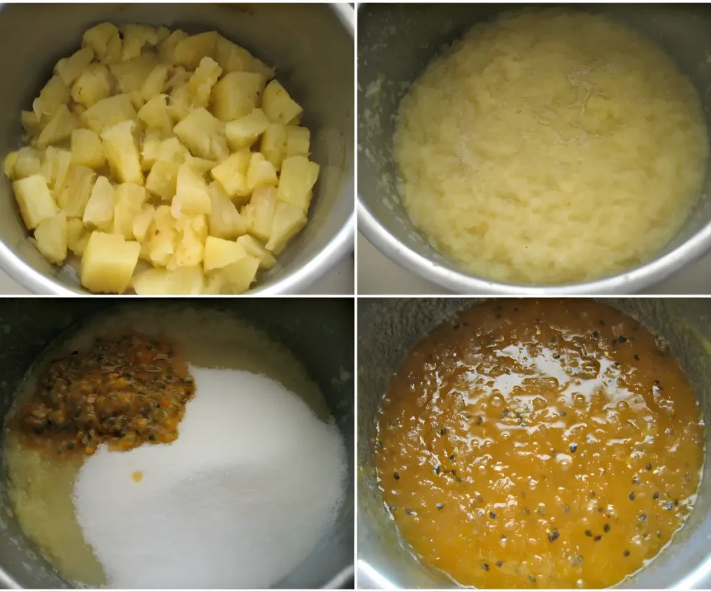 Collage showing pineapple cooking, blended fruit, sugar and passion fruit added, and jam thickening in the pot.