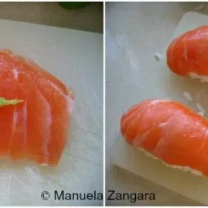 Collage showing the process of shaping sushi rice and topping it with salmon to create Homemade Salmon Nigiri.